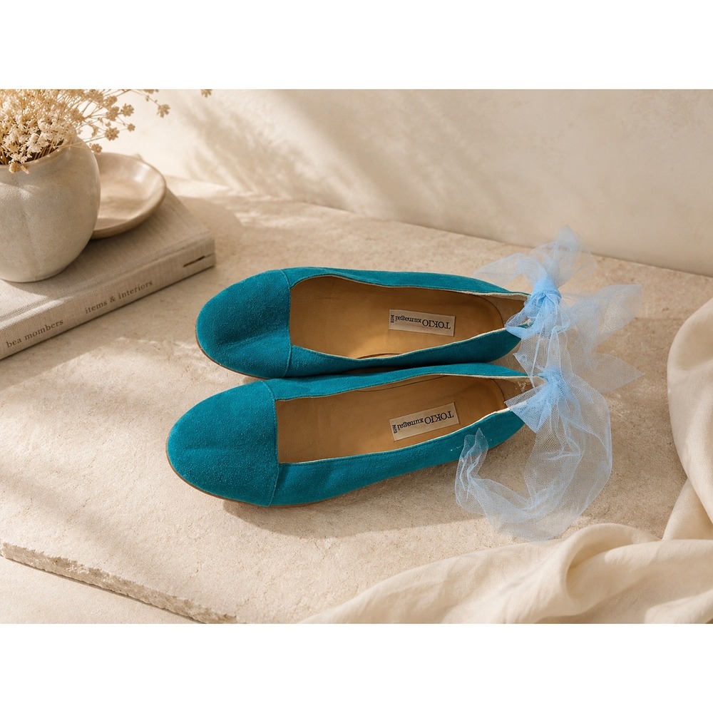 Tokio Kumagai Teal Suede Tulle Ribbon Ballet Flats Made in Italy Size 38.5 VTG